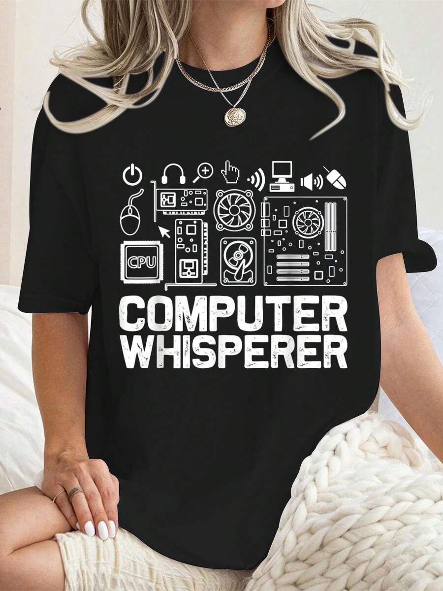 Camiseta gráfica "Susurrador de computadoras" para mujeres con diseño de camisetas de verano para técnicos de soporte informático, nerds y geeks - Negro - Ver 1