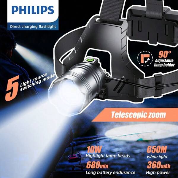 PHILIPS 1 Stück Stirnlampe mit starkem Licht, 90° einstellbar, Super Bright Kopflampe, 10W, USB aufladbar, Aluminiumlegierung, Multifunktionsleuchte, Outdoor Arbeitsleuchte, Bergbaulampe, für Angeln, Laufen, Camping, Wandern, Reparatur, Abenteuer Outdoor