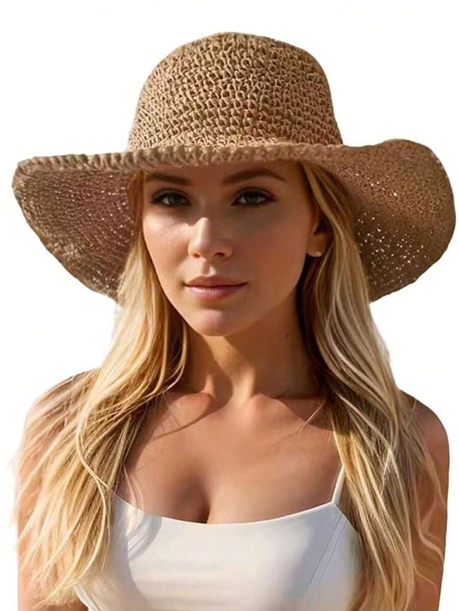 1pc Flat-Woven Handmade Straw Hat, Outdoor Adjustable Sun Protection Casual Hat Suitable For Spring, Autumn, Travel, Beach, Y2K Style For Young Adults