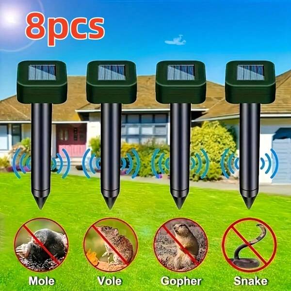 2/4/8 pièces Répulsif à taupes amélioré pour pelouses, répulsif à gophers à technologie à ondes sonores alimenté par énergie solaire, répulsif à serpents, répulsif à campagnols pour extérieur, pelouses, jardin, toutes nuisibles, pics, pieux, chasseur