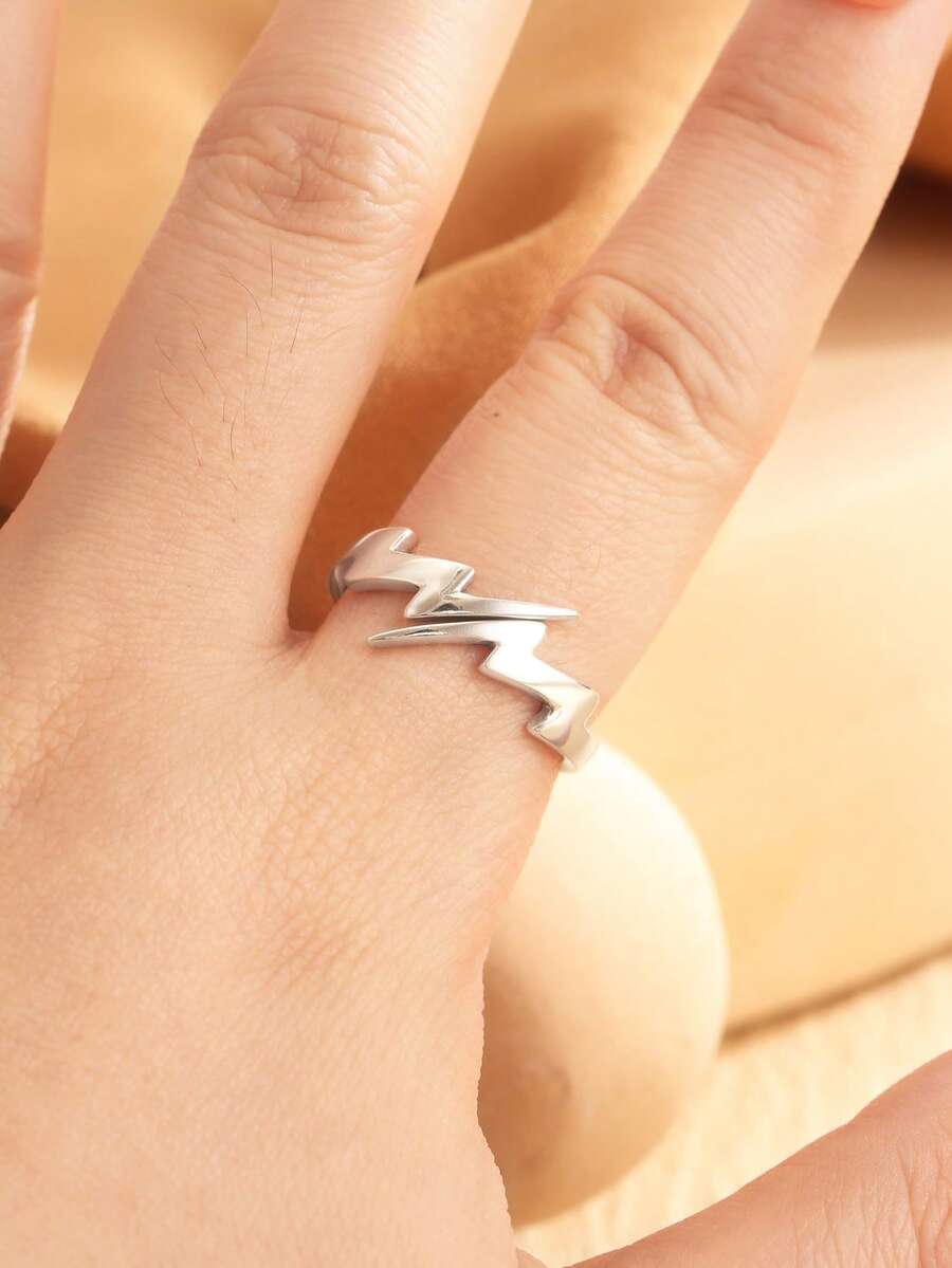 1pc S925 Sterling Silver Lightning Bolt Adjustable Open Ring, Jewelry Gift Box, Graduation Gift For Women - Silver - View 1