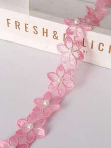 1码（3.3厘米）单层珍珠装饰蕾丝花边，绣有花朵和珍珠，欧根纱面料，适用于DIY服装、领口、袖口、窗帘边缘 - 工艺用品，蕾丝面料 - 彩色 - 查看 18