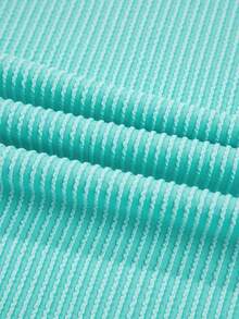 Light Blue Corded Knit Color Block Pocketed Crew Neck T Shirt Summer Tops - Baby Blue - View 10