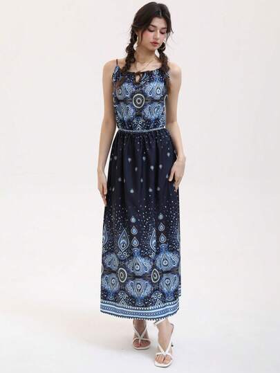 时尚印花高腰圆领 3/4 袖蝴蝶结沙滩裙，休闲波西米亚风格刺绣拼布，适合派对、休闲、晚会、婚礼、夏季