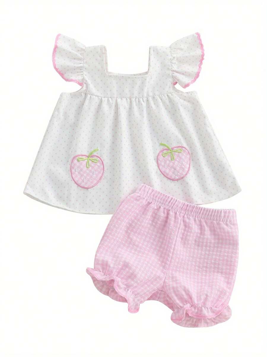 Baby Girl Summer Clothes Stripe Print Flying Sleeve Square Neck Tank Tops Ruffled Shorts Outfit - White - View 1