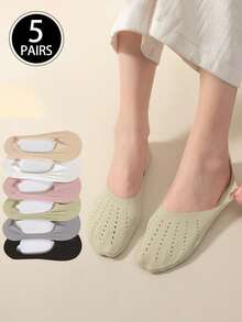 5 Pairs(Random Color) Women's Spring/Summer New Boat Socks, Anti-Slip Breathable Low-Cut Silicone Non-Slip Invisible Mesh Socks - Multicolor - View 12