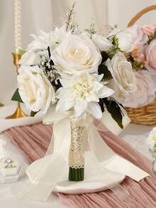 1 pezzo Fiore artificiale rosa con nastro per sposa da tenere al matrimonio, stile campagnolo, accessorio per abito da sposa e foto