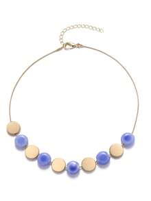 1pc Handmade Geometric Ceramic & Metal Beaded Necklace With Elastic Rope Chain, Inspired By Ins-Style - Dot Blue Ceramic NK - View 3