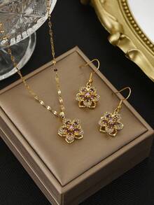1pc Fashionable Cubic Zirconia 5-Petal Flower Stainless Steel Necklace, 1 Pair Fashionable Cubic Zirconia 5-Petal Flower Stainless Steel Earrings, Gold Necklace, Gold Earrings, Gift For Women, Suitable For Summer Daily Wear, Party, Women Accessories - Five-petal Flower Set - View 2
