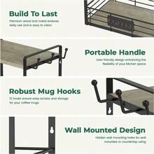 2 Tier Coffee Bar Organizer Countertop Station Rack For Kitchen, Multi-Functional Coffee Mug Holder Display Stand, Accessory Storage Shelf With 12 Hooks, Grey Oak-Black - Grey Oak + Black - View 6