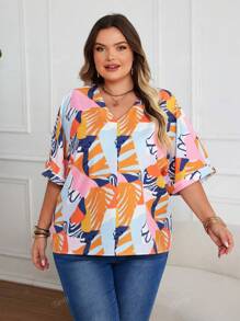 Plus Size Women V-Neck Printed Short Sleeve Tops, Casual Summer Holiday Wear