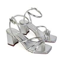 XY LONDON Trixie Women's Strappy Mid Block Heel Sandals, Square Toe, Buckle, Ankle Strap, Synthetic Leather, Suedette, Silver Metallic, Hot Pink, Orange, Black, White, Cool, Fashionable, Nightclub Style, Sexy, Spring Summer - Silver - View 3