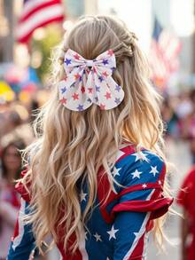 2pcs 4th Of July American Independence Day Bow Hair Clips, Chiffon Star Spangled Hair Accessories, Fashion Hair Clips, Girls Holiday Party Gift & Follow Us For The Latest Designs & Enjoy 8% Off & DZBB - Multicolor - View 2