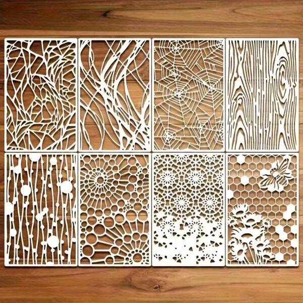8 pezzi di modelli riutilizzabili in PET - Trame a ragnatela, legno, pietra, adatti per fai da te, scrapbooking, pittura e decorazione della casa