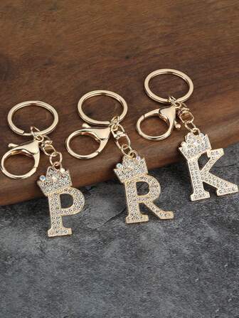 金色26个英文字母钥匙扣，水钻锌合金吊坠，时尚可爱教师礼物，金属皇冠英文字母钥匙扣，男女通用，含吊坠