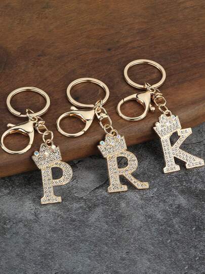 金色26个英文字母钥匙扣，水钻锌合金吊坠，时尚可爱教师礼物，金属皇冠英文字母钥匙扣，男女通用，含吊坠