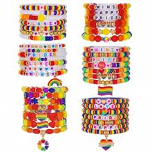 Multipack Rainbow Color Clay Bracelet, Rainbow Flag, Bisexual Pride Bracelet, Various Acrylic Beads And Elastic Bracelet Set