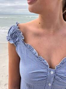 Women's Y2K Fairycore Shirt Top Vintage Cap Sleeve Button Down Ruffle T Shirts Tops Solid Color Slim Fit Frill Tees Summer Blouses Casual Going Out Tops Aesthetic Clothes Streetwear - Màu xanh nhạt - Xem 2