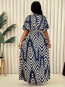 Váy in nhún bèo (Họa tiết hoa ngẫu nhiên), Váy dự tiệc thanh lịch in toàn bộ với thiết kế buộc eo giản dị - Màu xanh hải quân - Xem 2