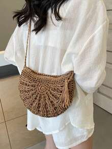 Yogodlns Túi rơm hình bán nguyệt dành cho nữ, túi đeo vai bằng mây đi biển mùa hè, túi đeo chéo dệt có khóa kéo, túi đi biển dệt thủ công phong cách Bohemian mùa hè có tua rua, túi du lịch móc rỗng, túi xách tay. - Màu Khaki - Xem 8