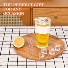 1pc 20.29oz Large Striped Glass Cup With Lid - Insulated, Reusable, Suitable For Cold Drinks, Juices And Coffee - Ideal For Home, Office And Holiday Gatherings