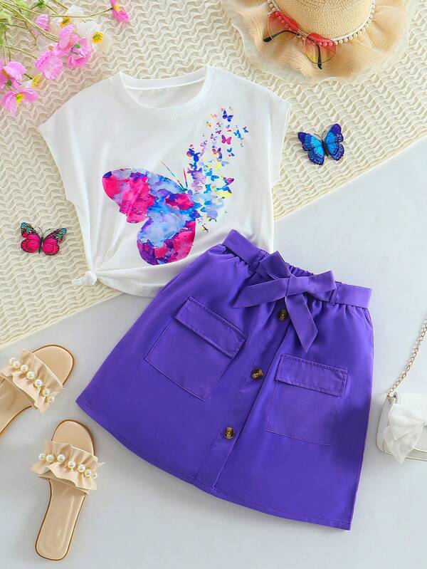2pcs/Set Girls Butterfly Print T-Shirt Top + Cargo Waist Skirt Outfit, Summer Outdoor Gift Suitable For Girls