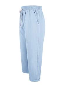 Jisfaneya Solid Color Drawstring Elastic Waist Pleated Effect Fabric Blue Straight Leg Capri Pants, Versatile Spring/Summer Capri Pants Suitable For Vacation, Daily Wear And Home - Blue - View 3