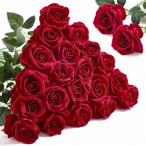 10 piezas de rosas de seda de tacto real - Ramo de flores artificiales de 20" para arco de boda bohemia, mesa de cafetería estética, regalo del Día de San Valentín (Sin decoloración/Sin mantenimiento) - Sin contenedor incluido