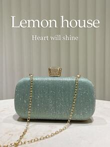 1pc Solid Shiny Striped Clutch Purse, Luxurious Crystal Decor Evening Handbag For Women, Fashion & Elegant Party Clutch Bag With Removable Chain, Suitable For Wedding, Prom, Party, Events - Mint Green - View 2