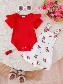 2 件套女婴可爱短袖连体衣 + 围兜裤套装，夏季薄款面料 - 酒紅色 - 查看 3