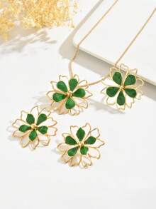 1套4件套优雅可爱的几何镂空珐琅彩色花朵吊坠项链、戒指、耳环首饰套装，适合女士佩戴。精致的花卉森系风格，百搭，适合日常佩戴和派对。