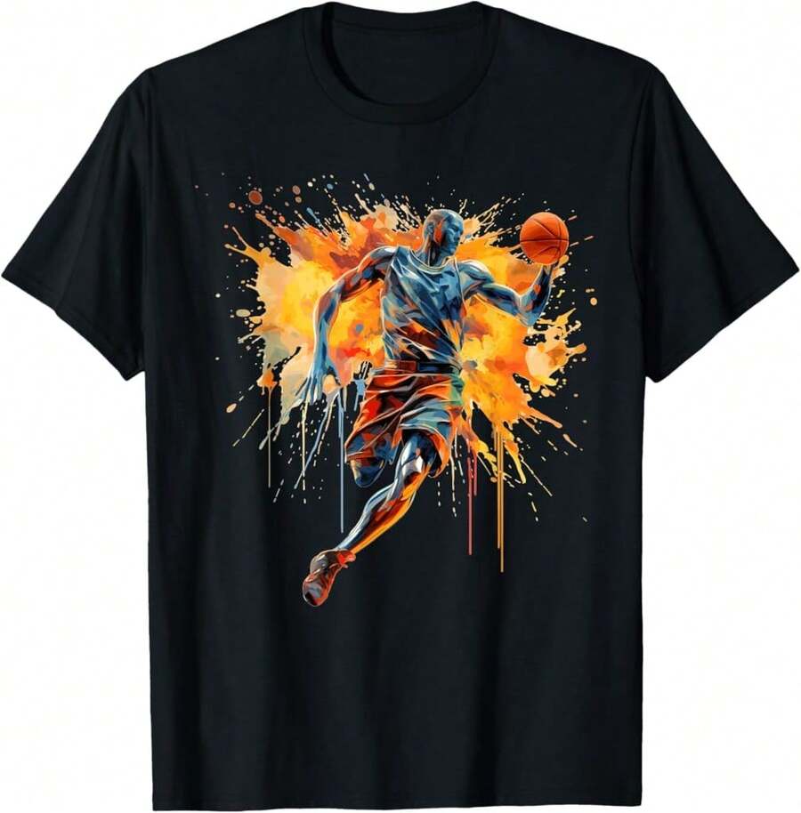 Basketball Player Paint Splash T-Shirt Gift For Dad Gift For Fitness Lovers Father's Day Gift For Grandpa - Black - View 1