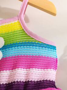 Baby Girls' Casual Beach Style Fashionable Cute Floral & Striped Print Romper Jumpsuit With Shoulder Bag, Spring/Summer - Multicolor - View 5