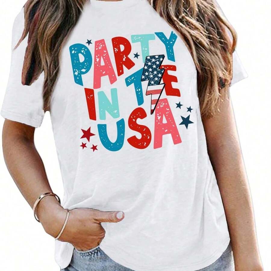 100% Cotton VVNTY 4th Of July Shirt For Women Party In The USA T Shirt American Flag T-Shirt Independence Day Tees Summer T-Shirt For Women - White - View 1