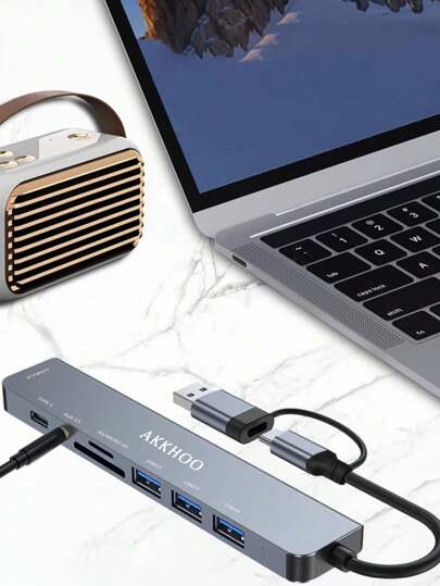 Adaptador de 8 en 1 con hub USB 3.0, interfaz multifuncional, convertidor Type-C para teléfono, iPad, tableta OTG, 3.5 mm para auriculares, unidad flash USB, disco duro, lector de tarjetas SD