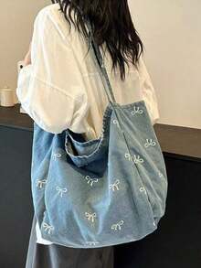 新款韓式休閒時尚百搭藍色吸睛蝴蝶結水洗帆布托特包，適合通勤、旅行、購物、開學季，大容量甜美女款手提包，大學必備單品 - 藍色 - 查看 4