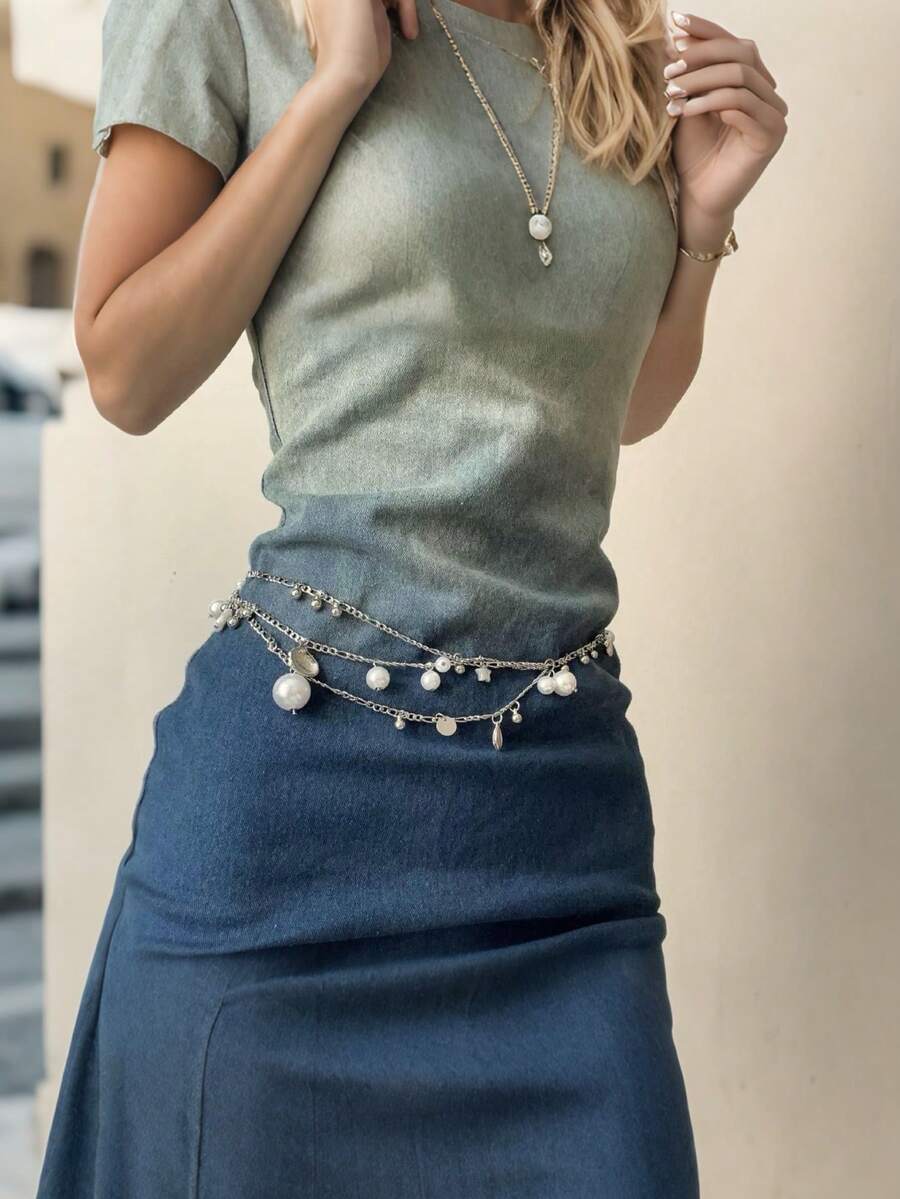 A Multi - Layer Faux Pearl Waist Chain In Retro Bohemian With An Adjustable Sea Shell Pendant. It Is A Clothing Accessory Belt, Suitable For Holiday Gifts And Beach Vacation Outfits. - Waist Chain - View 1