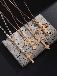 4pcs/Set Rhinestone Crucifix Pendant Necklace, Punk Hip-Hop Splicing Sweater Chain, Stylish Streetwear Jewelry For Men And Women, 2025 Spring/Summer Accessory Gift - Multicolor - View 9