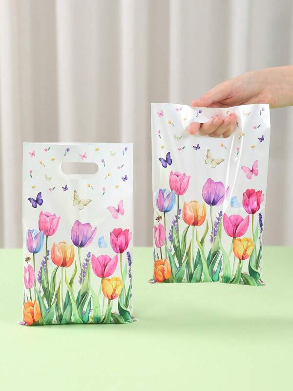 10/25/50pcs Floral Butterfly Pattern Gift Bag,Colourful Tulip Handheld Gift Bag Tote Bag,Birthday Party Favor Wrapping Bag,Spring Theme Decor,Wedding Birthday Decor,Gift For Guests,Babyshower Bridal Shower Decor,Gift Bag Package,Wedding Supplies
