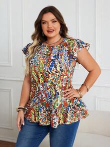 Plus Size Women Casual Leaf Print Flutter Sleeve Ruched Shoulder Round Neck With Ruffle Hem Vacation Top, Summer - Orange - View 7
