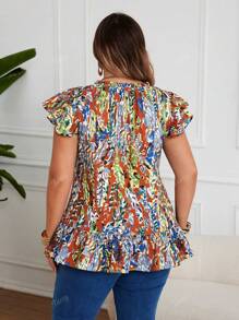 Plus Size Women Casual Leaf Print Puff Sleeve Ruched Shoulder Round Neck With Ruffle Hem Vacation Top, Summer
