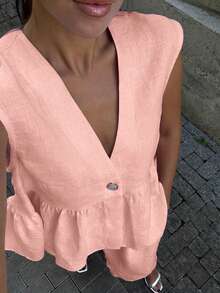 两件套女士休闲优雅亚麻单排扣背心和裤子套装，适合约会、日常穿着、派对、新年、街头风格