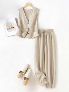 Women Spring Summer Casual Resort Linen Blazer, Vest And Pants Set