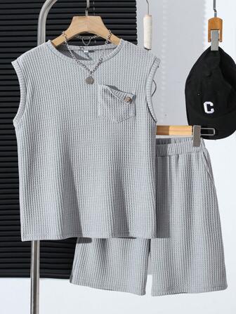 Tween Boy Textured Comfortable Loose Tank Top And Simple Relaxed Loose Shorts Set