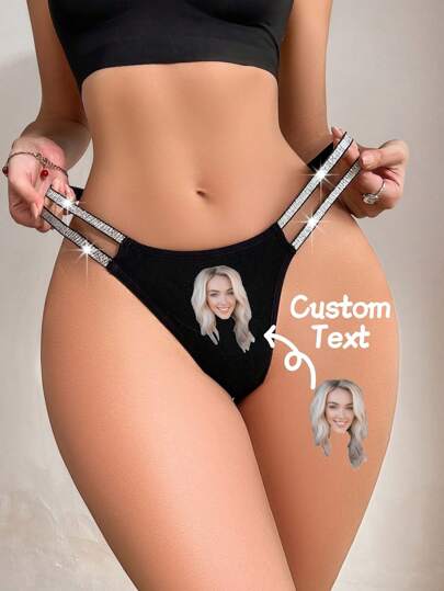 1pc Customizable Pattern Women's G-String Panty, Double Waistband Silver Studded Mid Waist Underwear, Printed With Photo, Picture, Letter Name For Anniversary, Birthday, Gift For Friend, Girlfriend, Wife, Valentine's Day/Christmas/Halloween, Rave