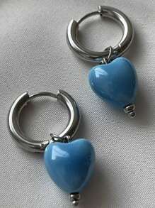 2pcs Ceramic Heart Shape Earrings With Stainless Steel Hoop, Fashionable & Cute Style For Women, Suitable For Daily Wear, Parties, Dates, Gifts For Holidays, Jewelry Gifts