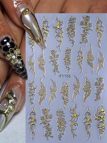 4pcs Y2K Futuristic Punk Style Line Nail Stickers, 3D Golden & Silvery Sparkling Thorn Vine Curves, Swords, Scorpion Design Nail Decals For Women DIY Nail Art Decoration - Multicolor - View 5