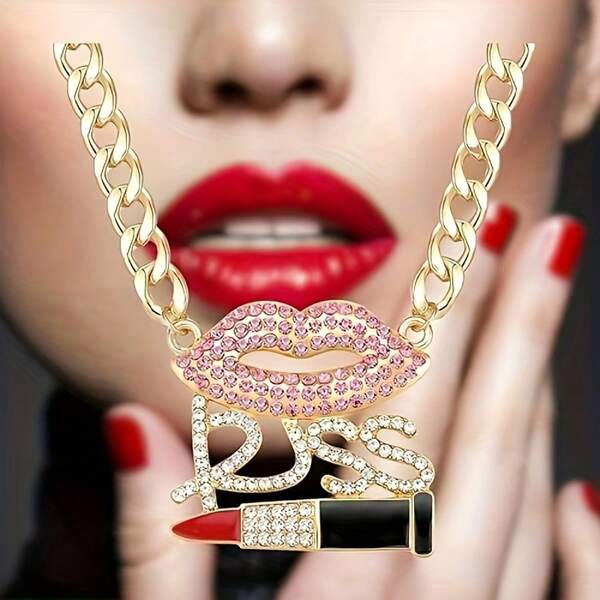 1 Pc Fashion Pink Lip Kiss Letter Crystal Pendant Necklace, Suitable For Women's Daily Wear