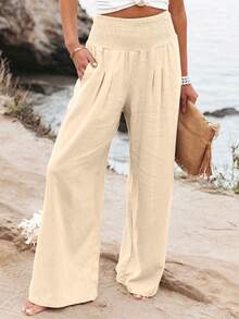 秋季时尚欧美阔腿高腰宽松休闲长裤女 - 米色 - 查看 1