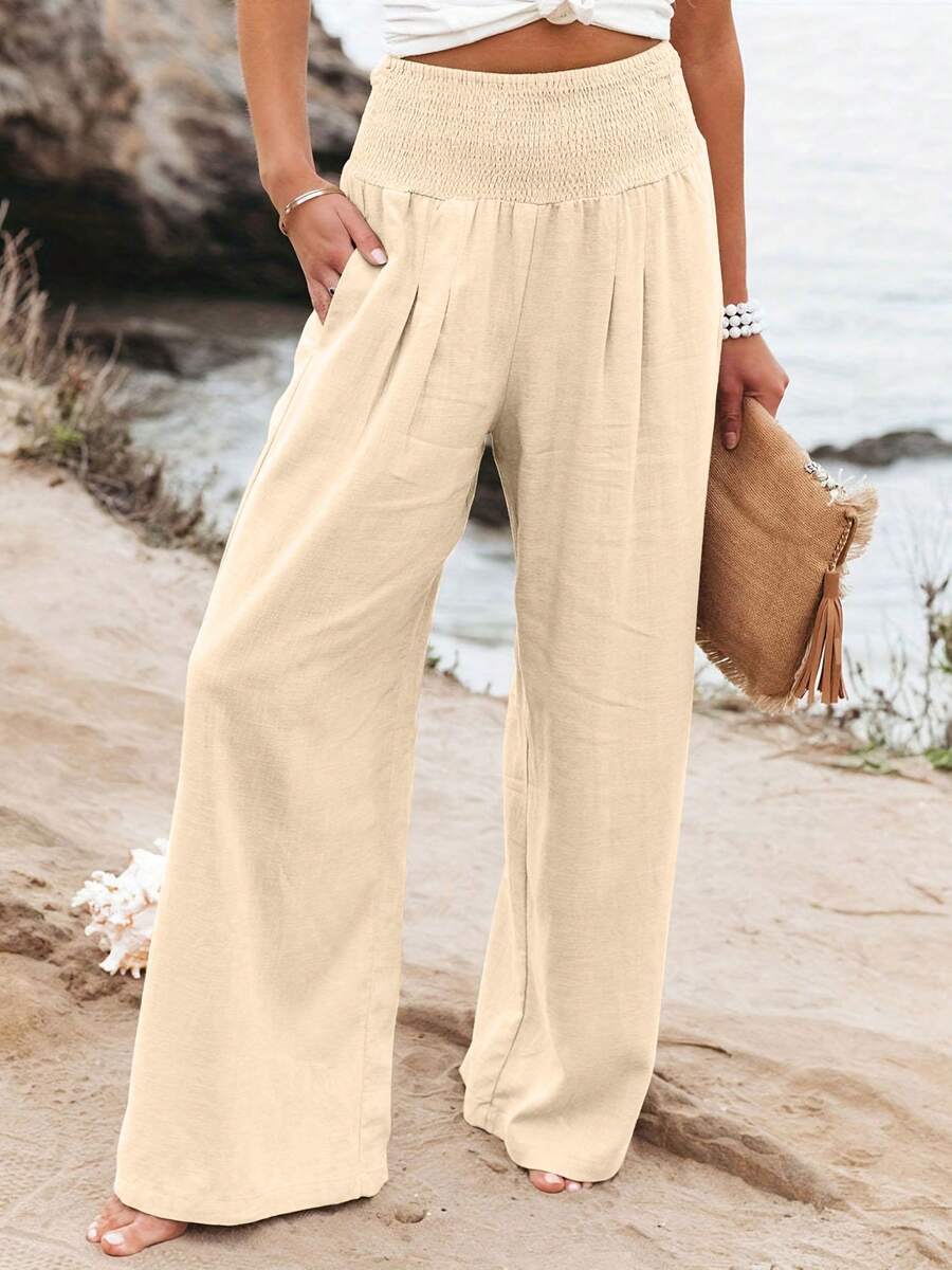秋季时尚欧美阔腿高腰宽松休闲长裤女 - 米色 - 查看 1